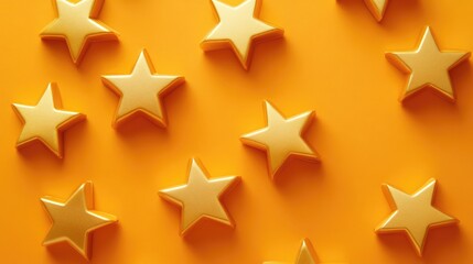 Customer review concept featuring golden rating stars on a vibrant orange background for feedback and evaluation purposes