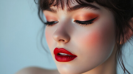 Fototapeta premium Elegant makeup look highlighting bold red lips and soft eye makeup for a glamorous appearance