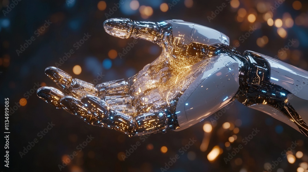 Poster futuristic robotic hand showcasing data transmission through artificial intelligence technology and 