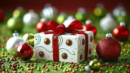 Green Backdrop with Xmas Splash Balls Ornaments and Present