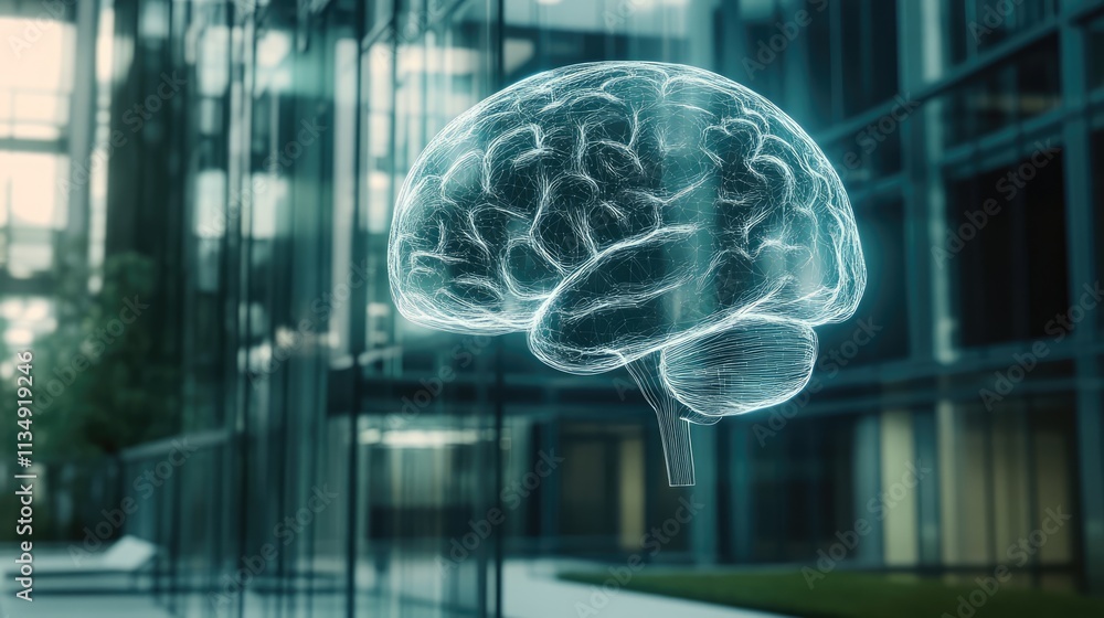 Poster virtual ai brain hologram in modern office environment symbolizing technology and creativity through