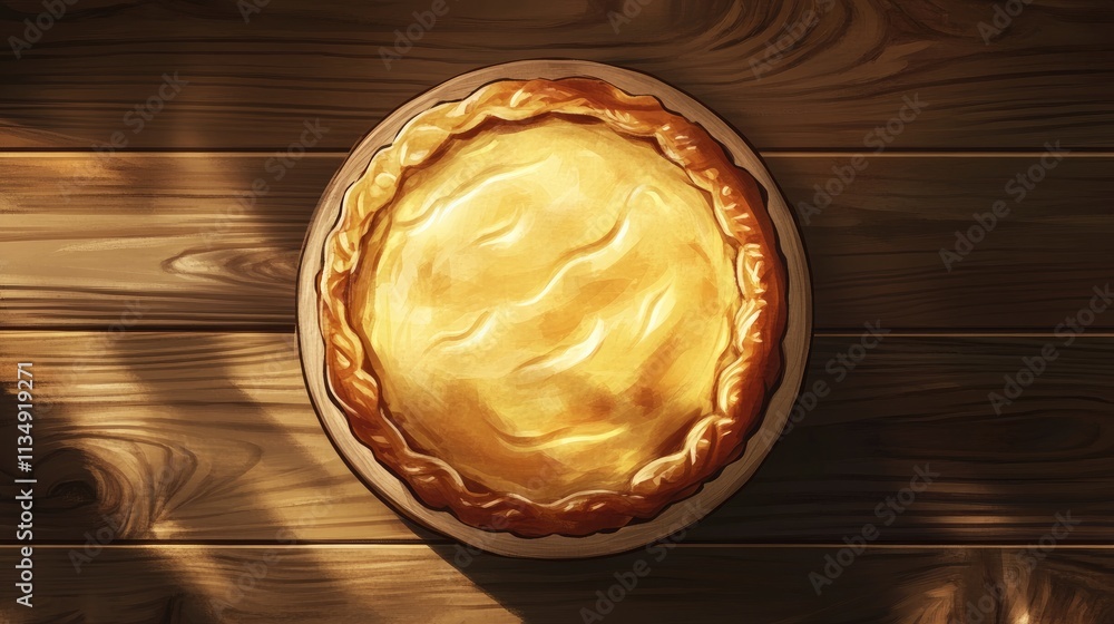 Poster golden apple pie displayed on a rustic wooden surface captured from an overhead perspective showcasi