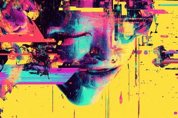Abstract portrait of young female with vibrant colorful glitches on yellow background.