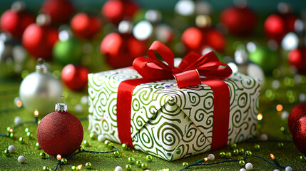 Green Backdrop with Xmas Splash Balls Ornaments and Present