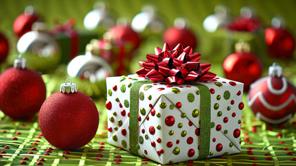 Green Backdrop with Xmas Splash Balls Ornaments and Present