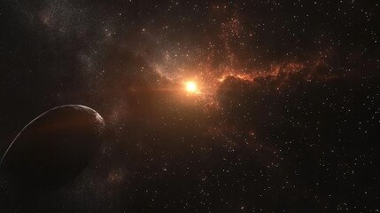 Obraz premium Cosmic scene featuring a glowing star and celestial clouds against a dark interstellar background with a planet in the foreground.