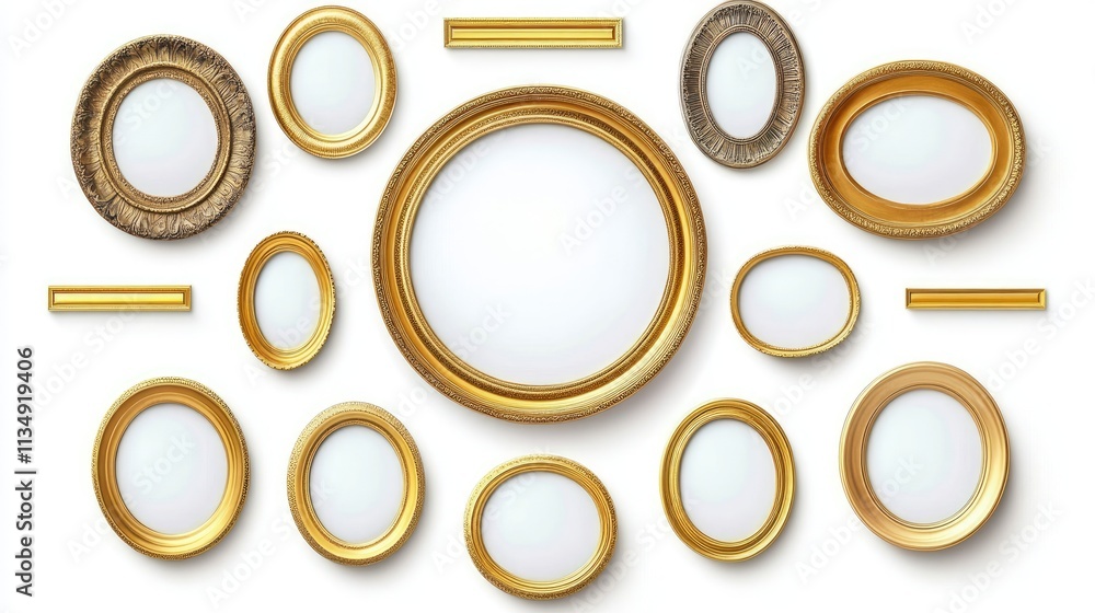 Poster set of vintage golden picture frames in various shapes and sizes isolated on a clean white backgroun