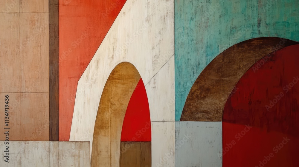 Poster abstract architectural landscape with geometric shapes and vibrant colors showcasing a close-up view