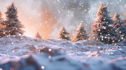 Abstract background with snow and Christmas trees in the distance