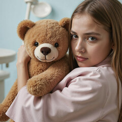 Little girl at dentist hugging teddy bear, illustrating comfort and pediatric dental care