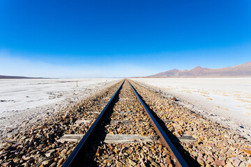 Train tracks on Bolivian salar