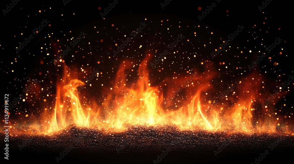 Poster glowing flames and flying embers against a dark backdrop creating a vibrant and dynamic abstract rep