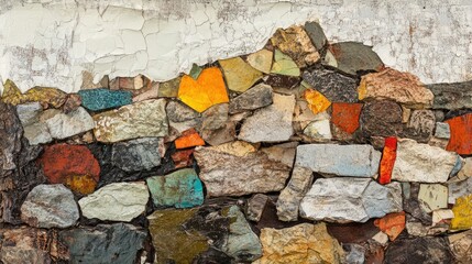 An illustration of a stone wall, cut out and pasted on paper, in the collage art style