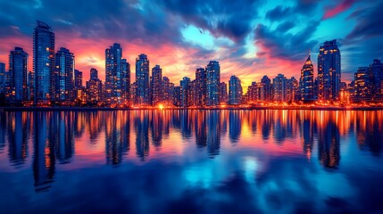 Obraz premium City Skyline Reflected in Water at Sunset