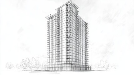 Fototapeta premium Architectural blueprint of modern condominium tower with detailed engineering design showcasing building structure and landscape elements.