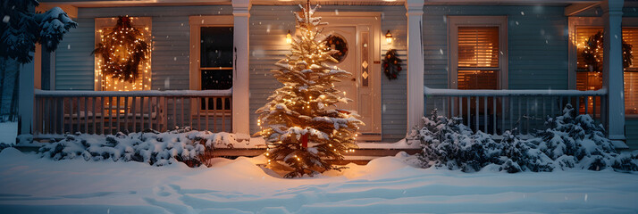 A Christmas tree glowing in the middle of a snowy courtyard, surrounded by illuminated holiday decorations