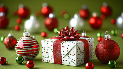 Green Backdrop with Xmas Splash Balls Ornaments and Present