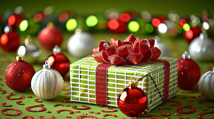 Green Backdrop with Xmas Splash Balls Ornaments and Present