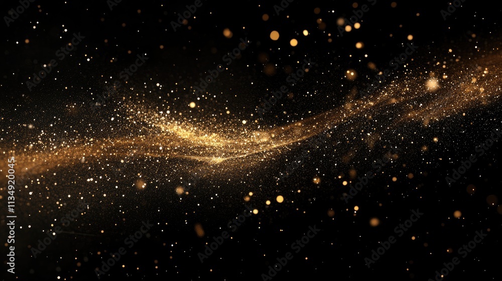 Poster golden glittering sparks in a mesmerizing wave pattern against a deep black background creating a ma