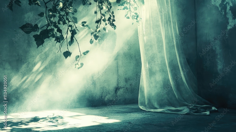 Poster soft sunlight filtering through an ethereal sheer curtain, with delicate leaves casting shadows on a