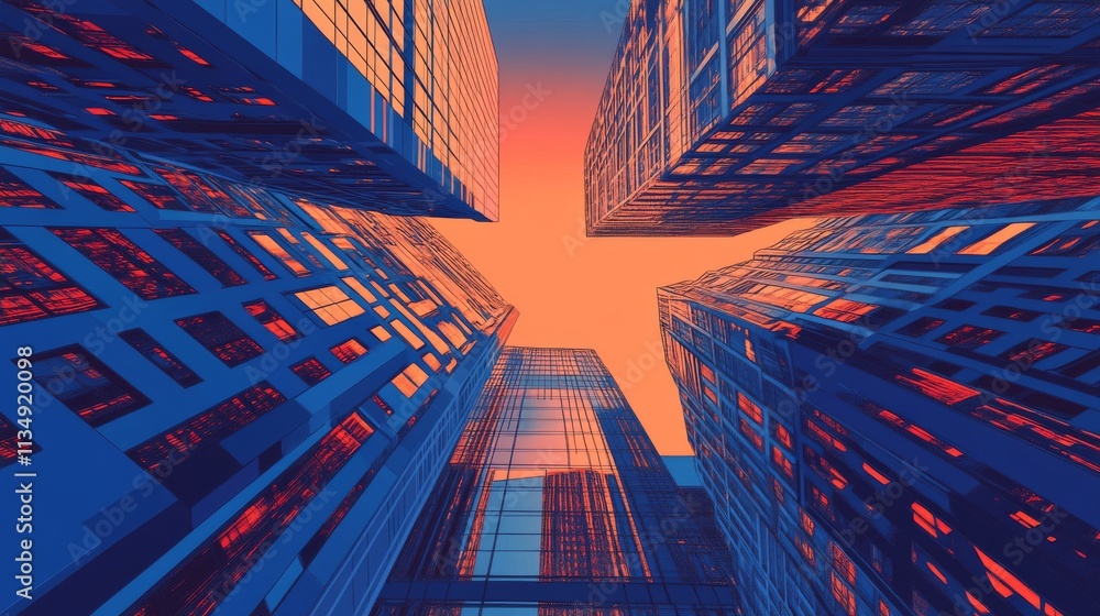 Poster skyscrapers in a futuristic city reflect the hues of a vibrant sunset, creating an abstract and surr