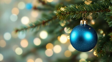 Obraz premium A close-up of a blue Christmas ornament hanging on a decorated tree, illuminated by soft, glowing lights.