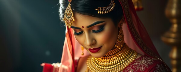 Elegant Indian Bride with Precious Gold Adornments and Saree