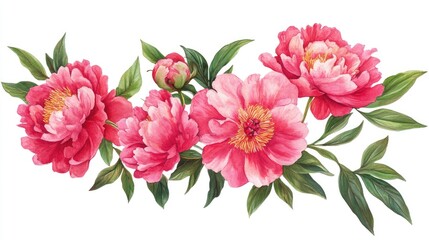 Obraz premium Vibrant bouquet of blooming peonies with lush green leaves elegantly arranged on a clean white background for floral design themes