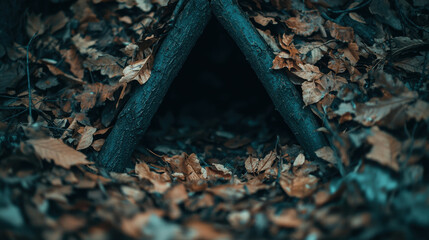 survivalist shelter made of branches and leaves in forest setting, evoking sense of adventure and nature beauty