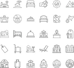 Travel Icons Hotel, Flight, Vacation, Resort, Accommodation, Booking, Trip, Luggage, Relaxation, Des