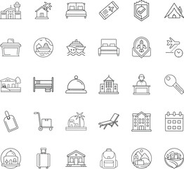 Travel Icons Hotel, Flight, Vacation, Cruise, Accommodation, Key, Airport, Beach, Luggage, Trip