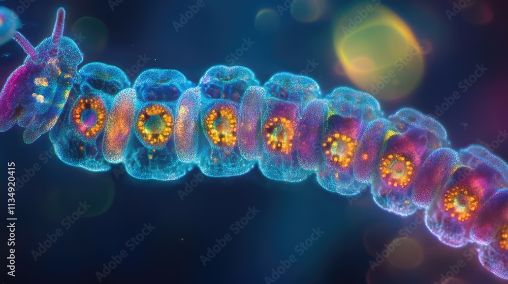 Poster colorful microorganisms viewed under a microscope highlighting intricate details and vibrant pattern