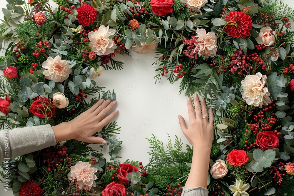 Poster an image of a lady creating a christmas wreath over a stark white setting and embellishing it via mu