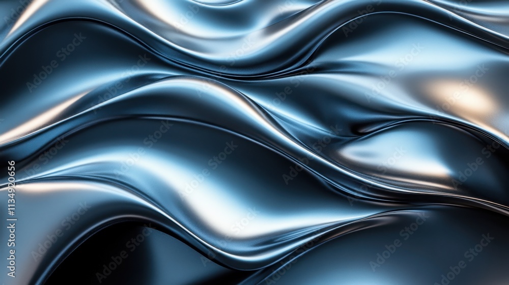Poster Flowing waves of metallic fabric create a mesmerizing texture under soft light in a creative studio setting