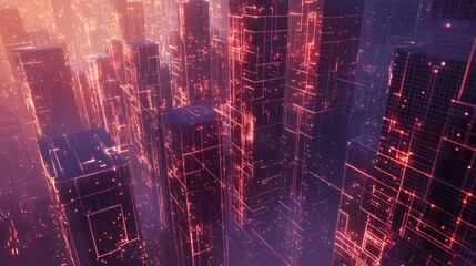 Fototapeta premium Futuristic cityscape with glowing skyscrapers and abstract blockchain network patterns in a digital environment