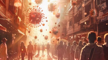 Community Spread: An image showing how a new disease can spread within a community, highlighting factors such as close contact, crowded places, and lack of preventive measures that contribute 