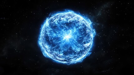 Obraz premium Fast spinning neutron star and magnetar glowing in blue energy against a dark cosmic background illustrating the mysteries of space.
