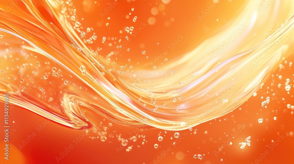 Poster abstract vibrant orange liquid with bubbles creating a dynamic background for creative designs and v