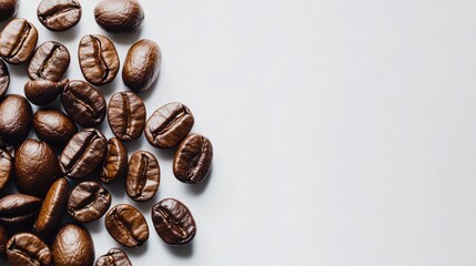 Fototapeta premium Freshly Roasted Coffee Beans Arranged on White Surface, Capturing the Rich Brown Color and Unique Texture of Each Bean, Ideal for Beverage and Culinary Designs
