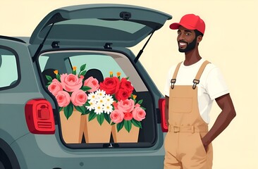 Courier in uniform standing about delivery car, flowers in the car.