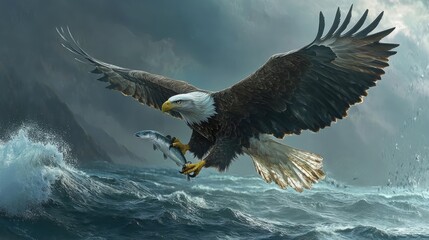 Fototapeta premium White-tailed eagle in flight with a fish clutched in its talons above rough ocean waves, depicting a dynamic wildlife scene, birdwatching, nature, predator, oceanic environment.