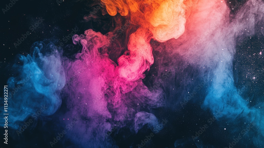 Poster vibrant colorful smoke swirling against a dark backdrop, creating a mesmerizing abstract pattern, id