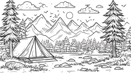 Camping coloring page, simple line art, outdoor scene 