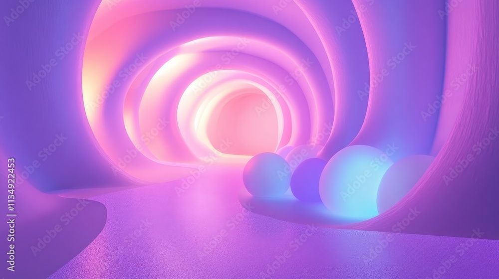 Poster abstract illuminated tunnel with soft glowing spheres in shades of purple and pink creating a surrea