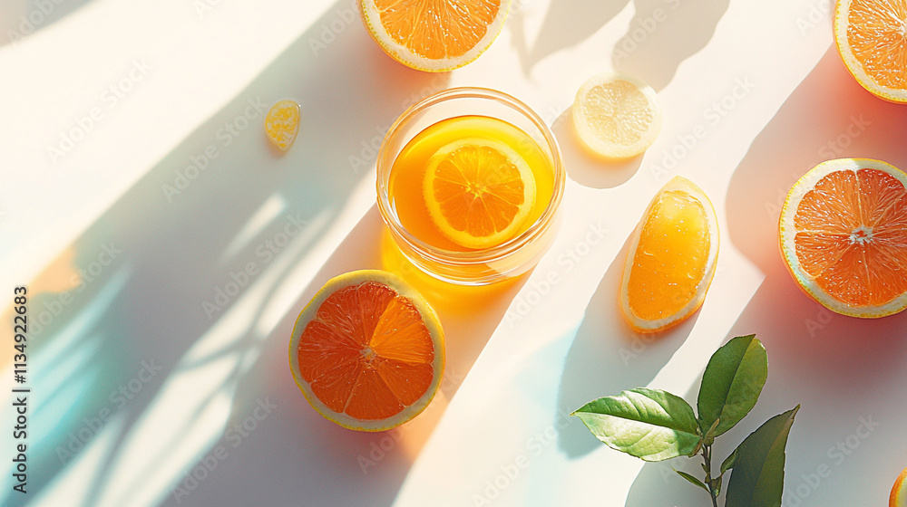 Poster refreshing citrus drink with sliced oranges and lemon on a bright surface
