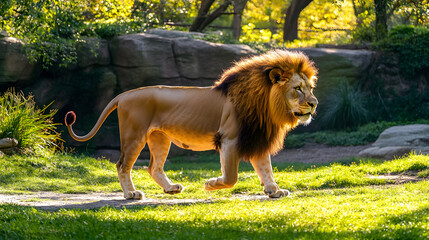 Majestic Male Lion Walking in Golden Sunlight