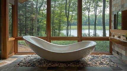 Fototapeta premium A serene bathroom featuring a modern bathtub with a scenic view of nature outside.