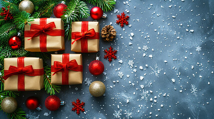Zero Waste Christmas Eco Gifts in Kraft Paper on Floor Copy Space 