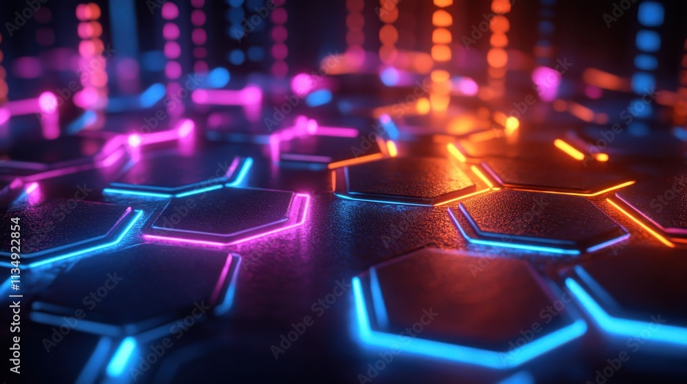 Aufkleber illuminated hexagonal patterns create a vibrant display of colors in a futuristic setting