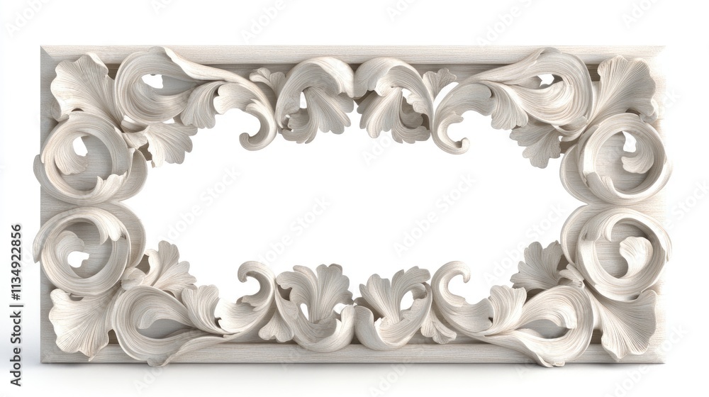 Poster white wooden horizontal picture frame with intricate floral carvings and empty space for image displ